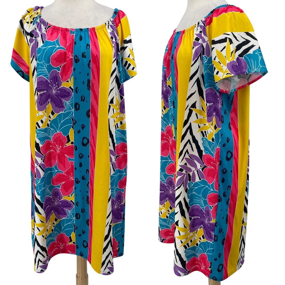 Vintage 80s Mumu Mini Dress Tropical Floral Colorblock Stripe Animal Print Aline